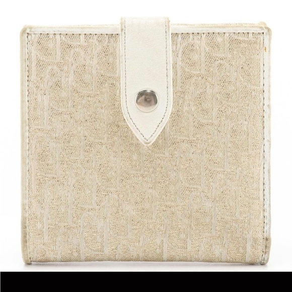 Christian Dior Metallic Gold Monogram Canvas White Leather Wallet Authentic - Picture 1 of 8